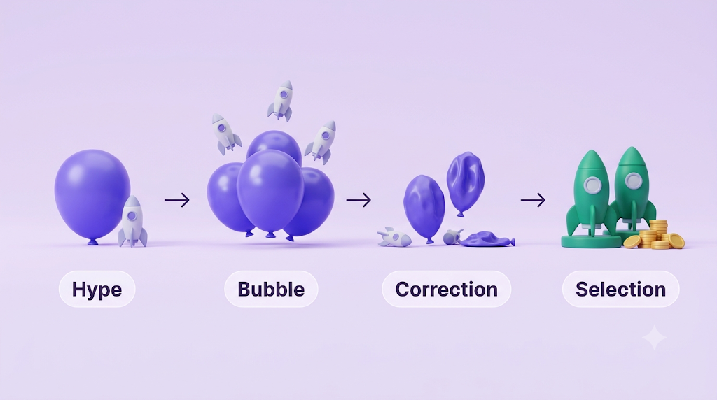 The flow of space investment from hype to bubble, correction, and selection