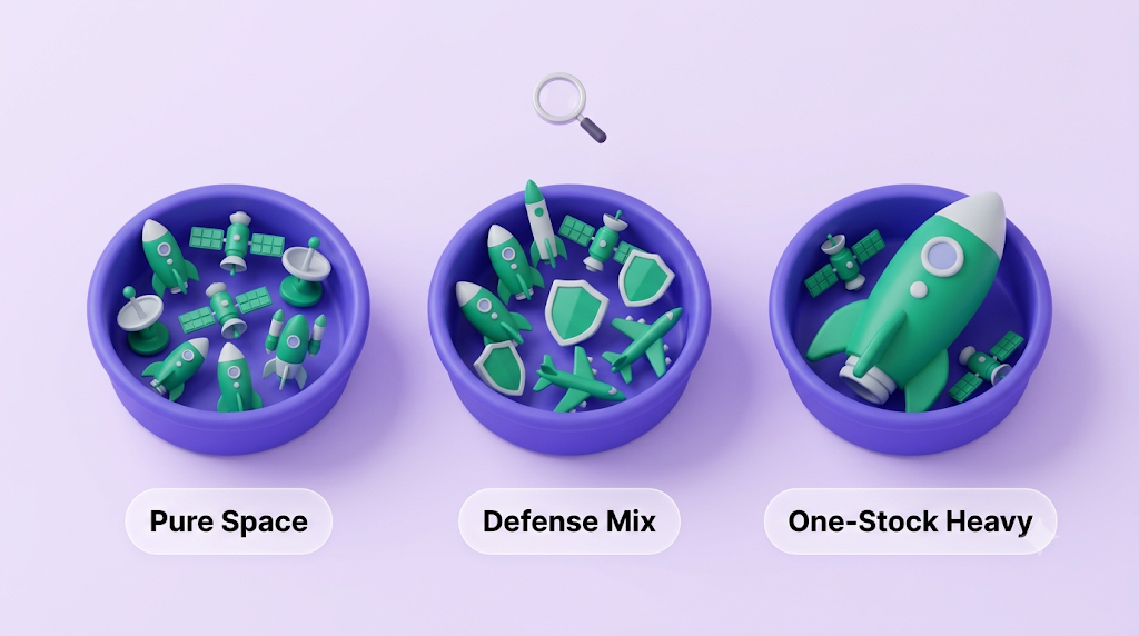 Space ETFs that look the same but hold different mixes of companies